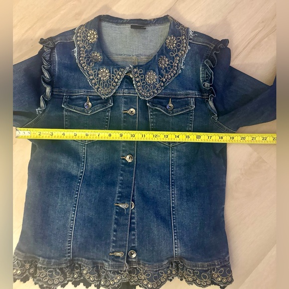 ONADO Paris Women’s Embroidered Lace Asymmetric Hem Cotton Denim Jacket Sz XL/42 - Picture 10 of 13
